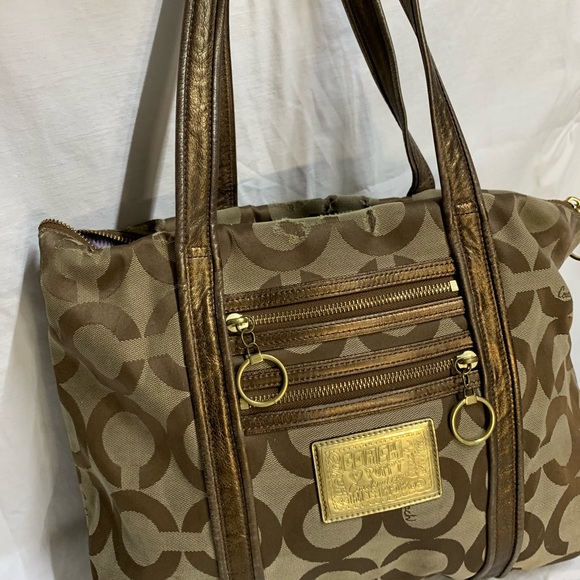 Coach Poppy Beige Gold Bronze Tote Bag - Picture 3 of 8